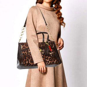 Coach Dark Brown Leopard Print Canvas and Leather Park Chain Ocelot Tote